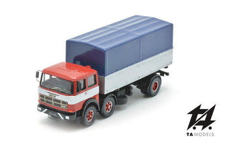691 2+1 Axle Long Wheelbase Truck, Red with White Band and Blue Tarpaulin