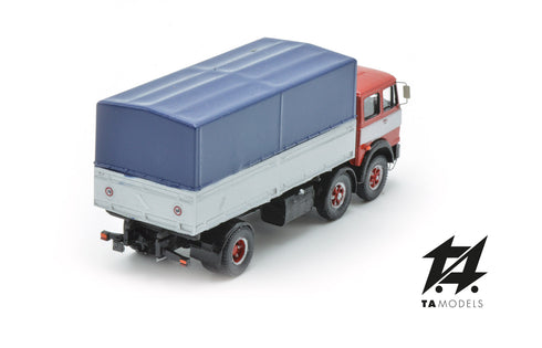 691 2+1 Axle Long Wheelbase Truck, Red with White Band and Blue Tarpaulin