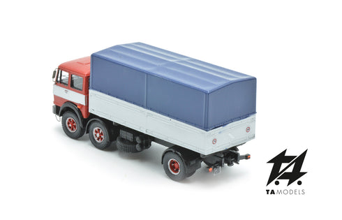 691 2+1 Axle Long Wheelbase Truck, Red with White Band and Blue Tarpaulin
