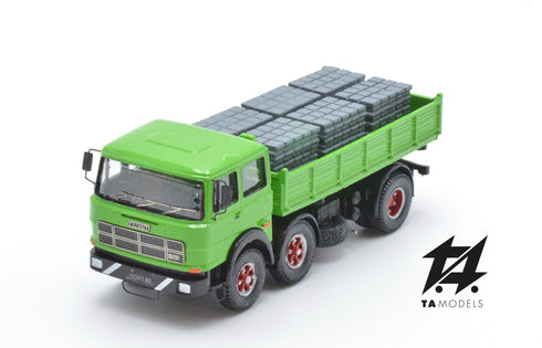 Truck 691 2+1 Axles Short Wheelbase Assembled Green with Ribbed Body and Load