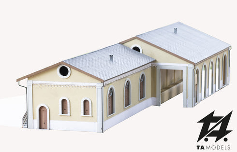 FS freight warehouse with covered loading platform, ochre yellow, H0 scale 1:87