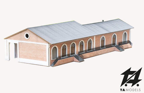 FS freight warehouse with loading platform covered with exposed bricks H0 1:87