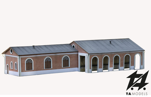 FS freight warehouse with loading platform covered with exposed bricks H0 1:87