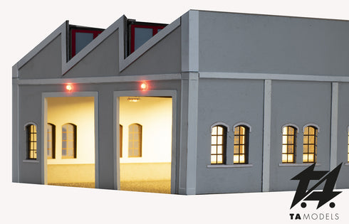 Modern two-stall illuminated locomotive shed in 1:87 scale